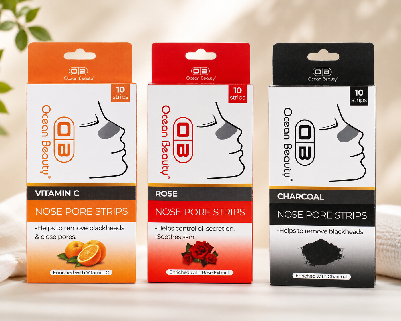 Ocean Beauty Nose Pore Strips | Blackhead Remover Strips | Deep Cleansing | Available in Vitamin C, Rose & Charcoal | 10 Strips- pck of 1 pcs