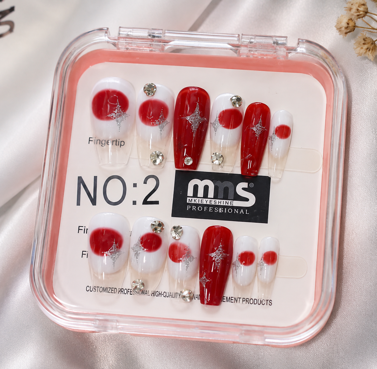 Elegant Red and White Press-On Nails with Rhinestone Accents