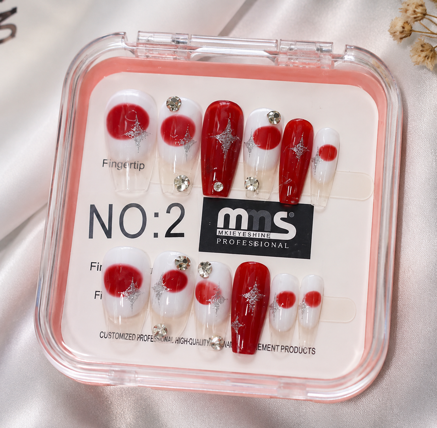 Elegant Red and White Press-On Nails with Rhinestone Accents
