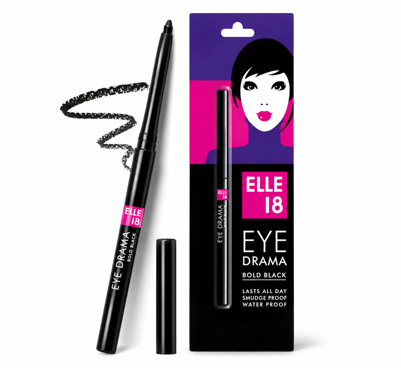 Elle 18 Eye Drama Kajal | Bold Black | Smudge Proof & Waterproof | Long Lasting Eye Kajal