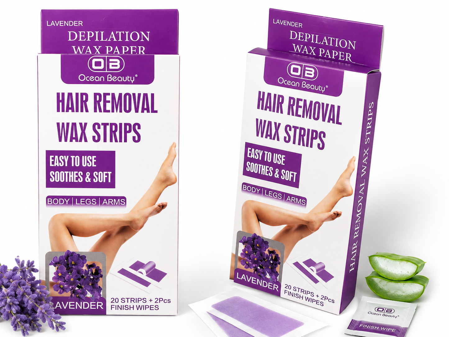 Ocean Beauty Hair Removal Body Wax Strips | Easy-to-Use Depilation Wax Paper | For Body, Legs & Arms | Lavender, Rose & Aloe Vera | 20 Wax Strips + 2 Finish Wipes- pack of 1 packet