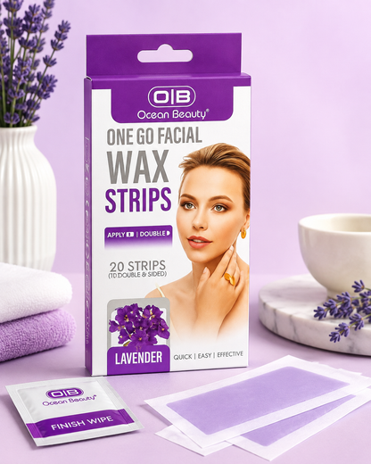 Ocean Beauty One Go Facial Wax Strips | Lavender | Quick & Easy Facial Hair Removal | Double-Sided | 20 Wax Strips- pack of 2pcs