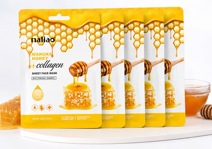 Maliao Manuka Honey + Collagen Sheet Face Mask | Hydrating, Nourishing & Brightening Facial Mask | 20g- pack of 4pcsf