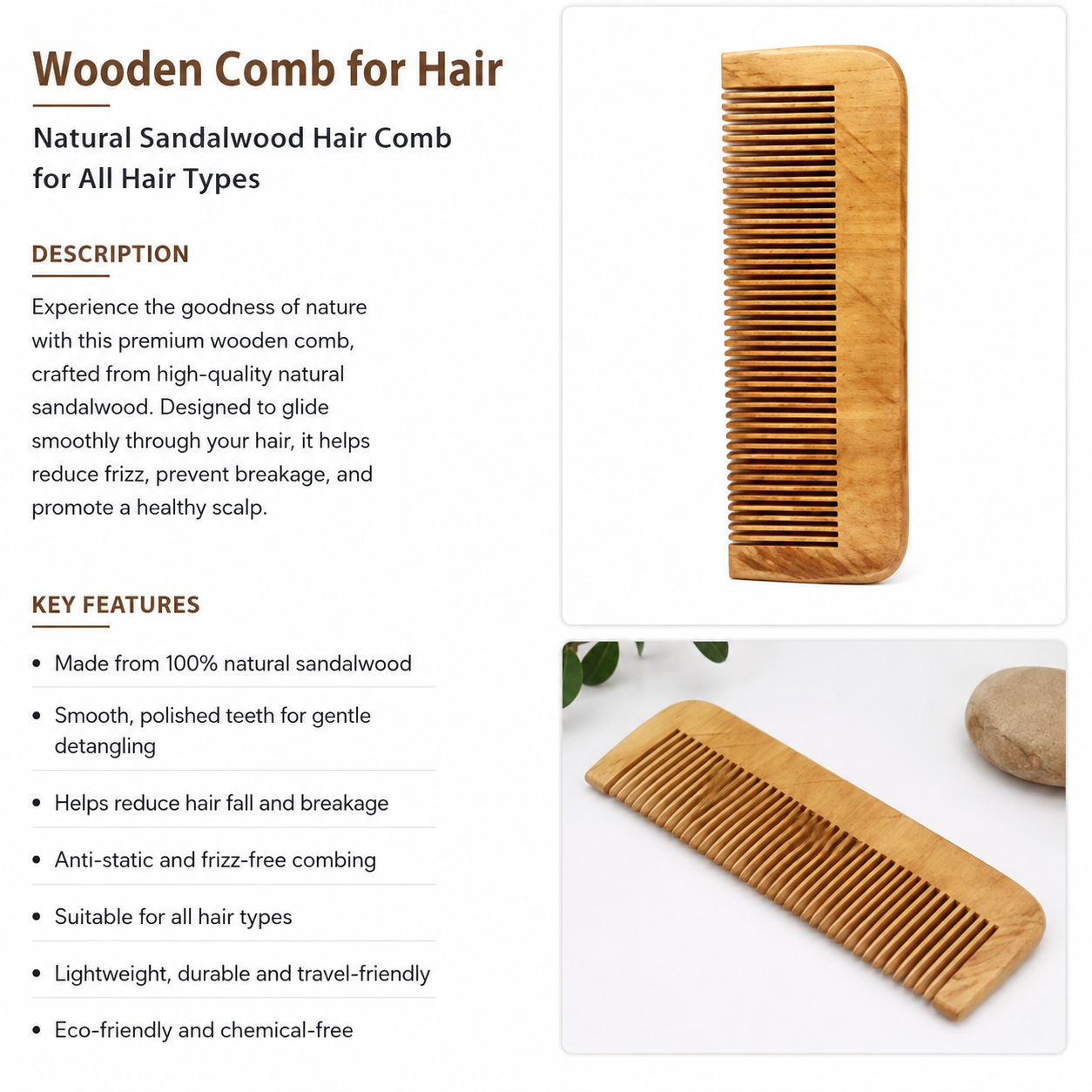 Premium Wooden Hair Comb pack of 2pcs