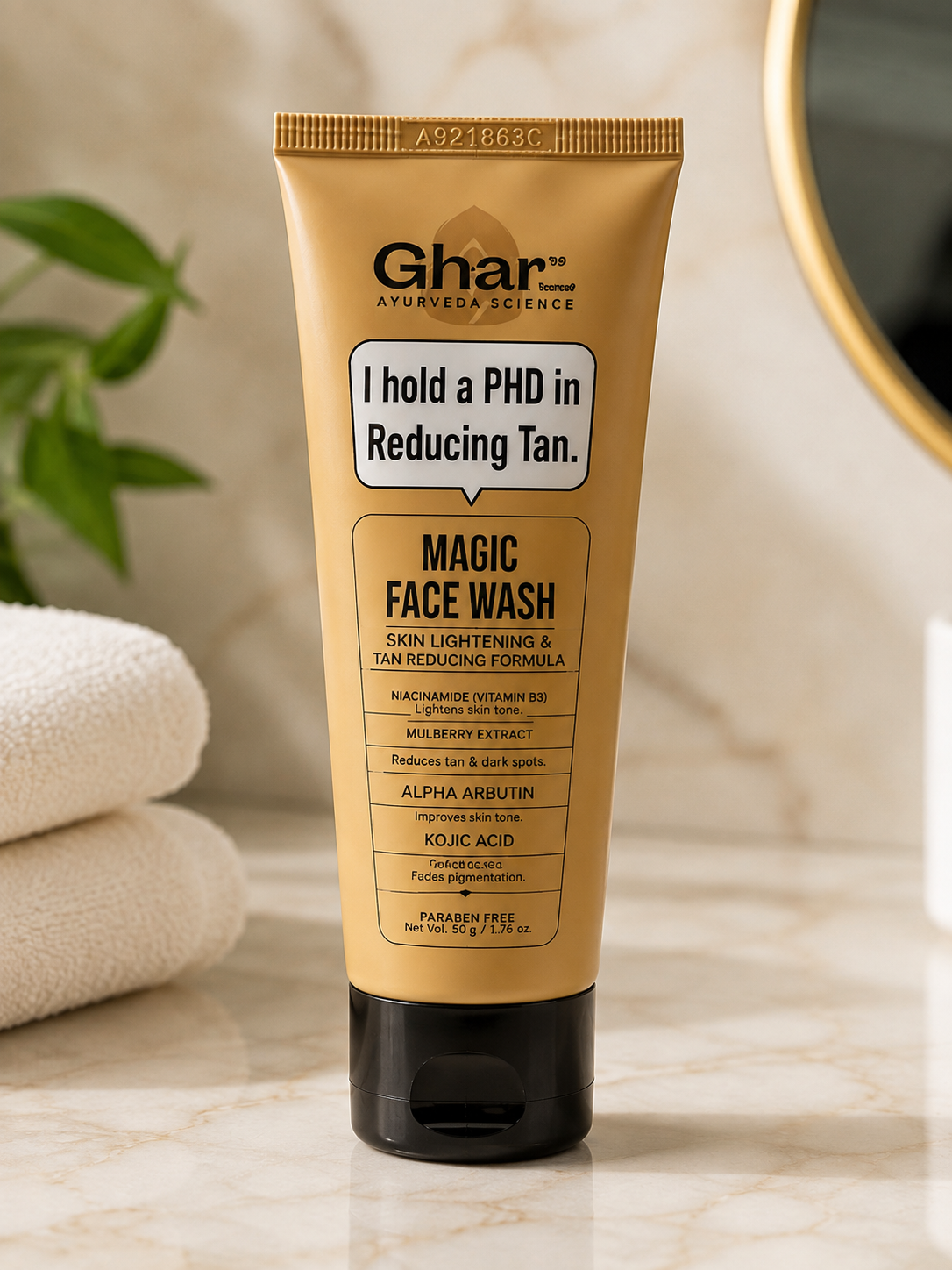 Ghar Ayurveda Science Magic Face Wash | Tan Removal & Skin Brightening Face Cleanser | Niacinamide, Mulberry Extract, Alpha Arbutin & Kojic Acid | 50g