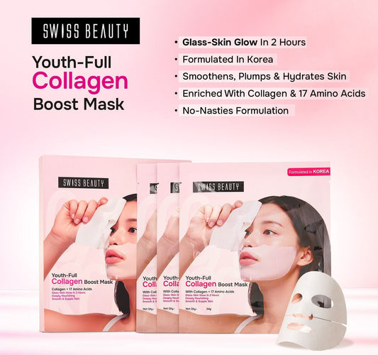 Swiss Beauty Youth-Full Collagen Boost Sheet Mask | Korean Formula | Glass Skin Glow | Hydrating & Plumping Face Mask | 34g