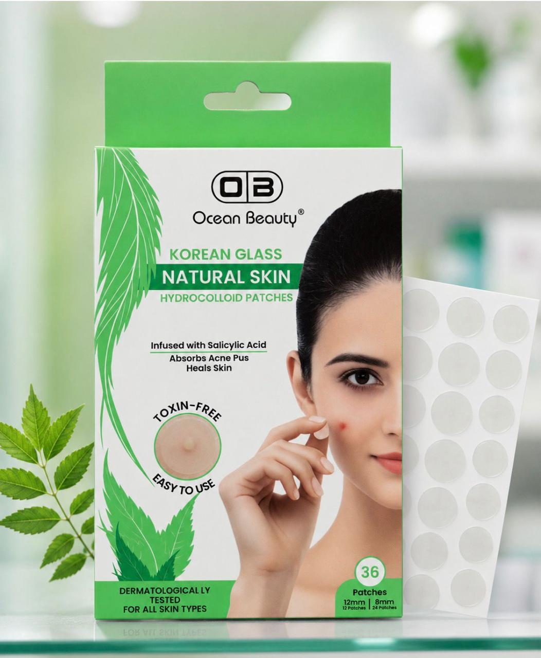 Ocean Beauty Korean Glass Natural Skin Hydrocolloid Acne Patches | Salicylic Acid Pimple Patches | 36 Patches