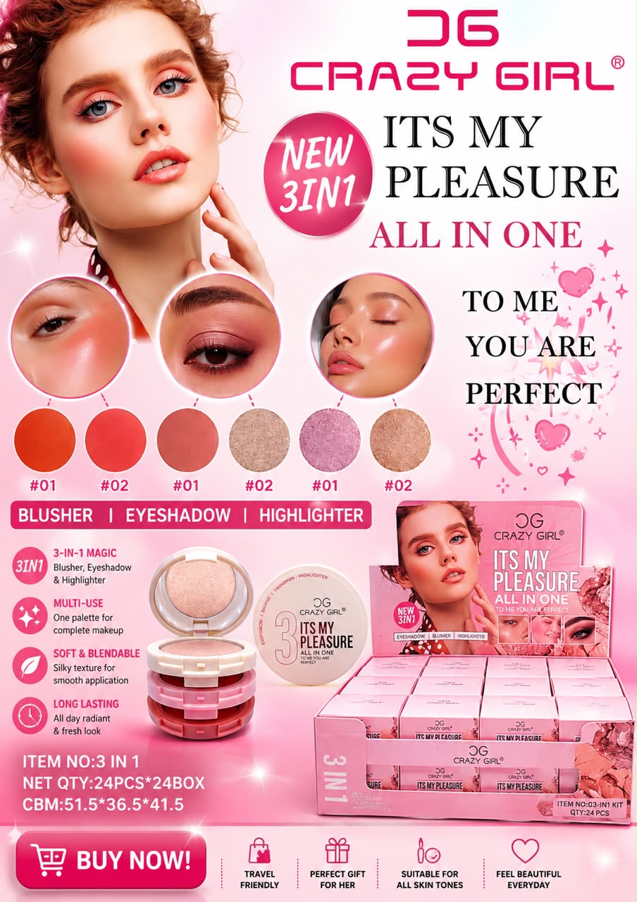 Crazy Girl 3-in-1 Makeup Palette – Blusher, Eyeshadow & Highlighter | Soft Blendable Formula