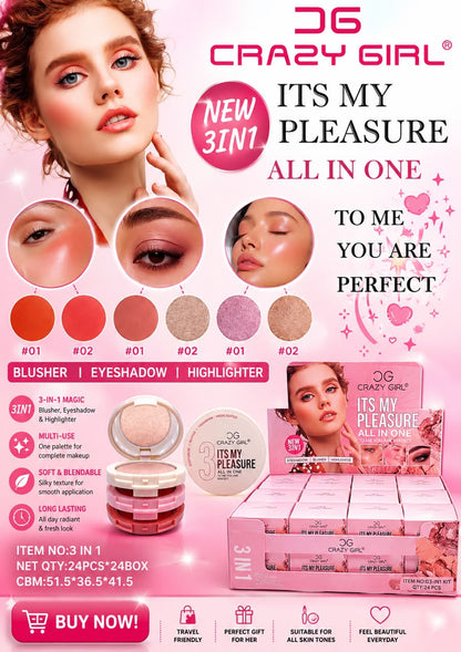 Crazy Girl 3-in-1 Makeup Palette – Blusher, Eyeshadow & Highlighter | Soft Blendable Formula