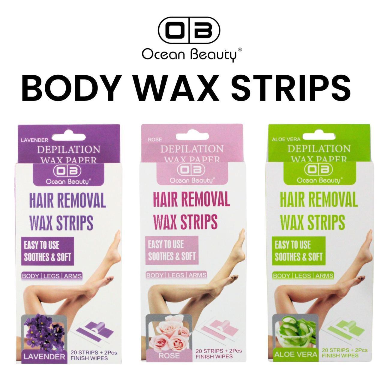 Ocean Beauty Hair Removal Body Wax Strips | Easy-to-Use Depilation Wax Paper | For Body, Legs & Arms | Lavender, Rose & Aloe Vera | 20 Wax Strips + 2 Finish Wipes- pack of 1 packet
