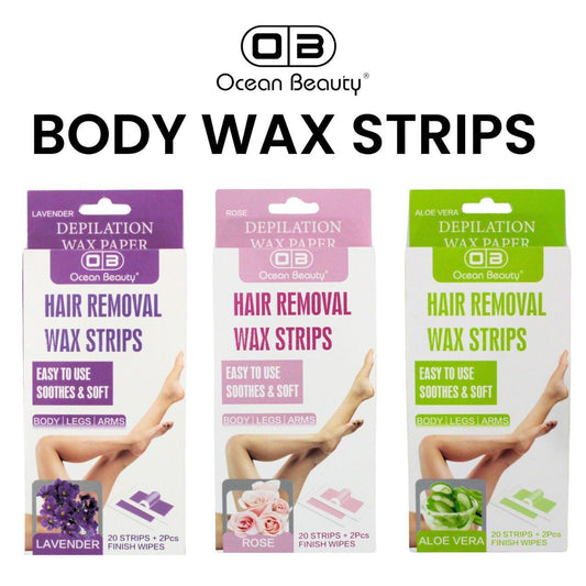 Ocean Beauty Hair Removal Body Wax Strips | Easy-to-Use Depilation Wax Paper | For Body, Legs & Arms | Lavender, Rose & Aloe Vera | 20 Wax Strips + 2 Finish Wipes- pack of 1 packet