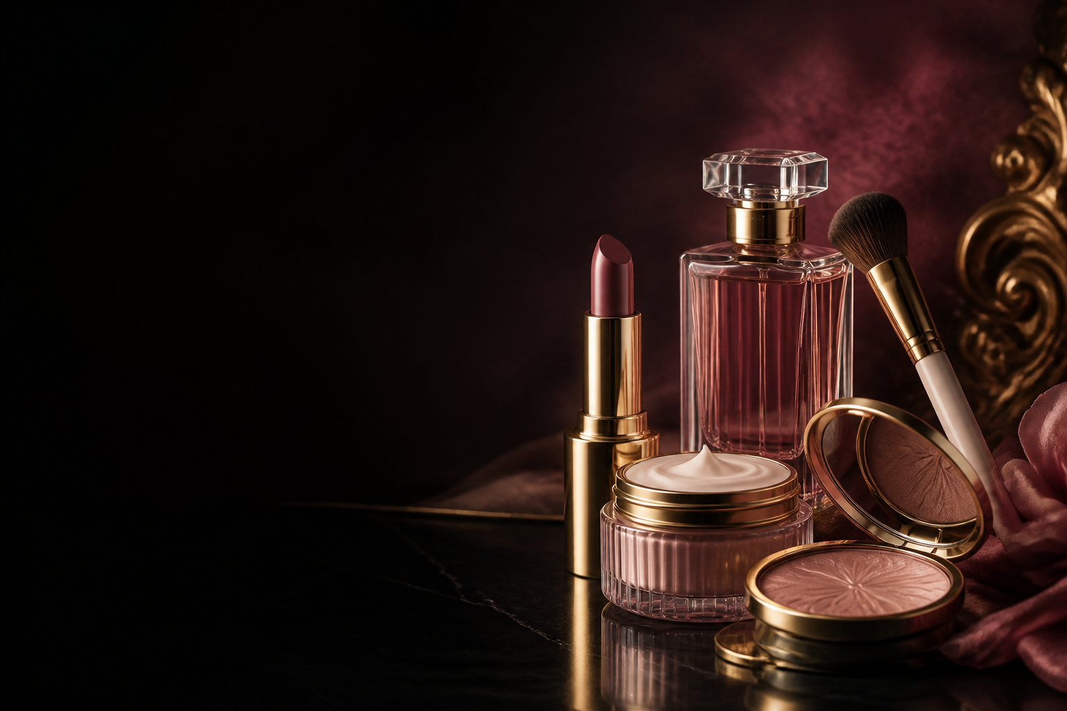 Luxury cosmetics arranged on a black, gold and rose studio background